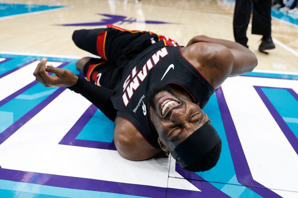 Heat’s Bam Adebayo out for the game after Hornets’ LaMelo Ball trips him, leading to hard fall