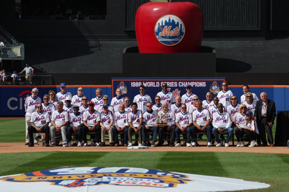 Members of the 1986 World Series champion Mets celebrate the 40th anniversary of team’s last title
